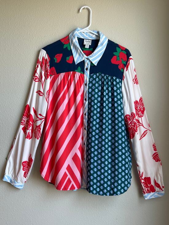 Maeve Tops - Maeve Anthropologie Paz Mixed-Print Button Down Shirt Strawberry Stripe Large